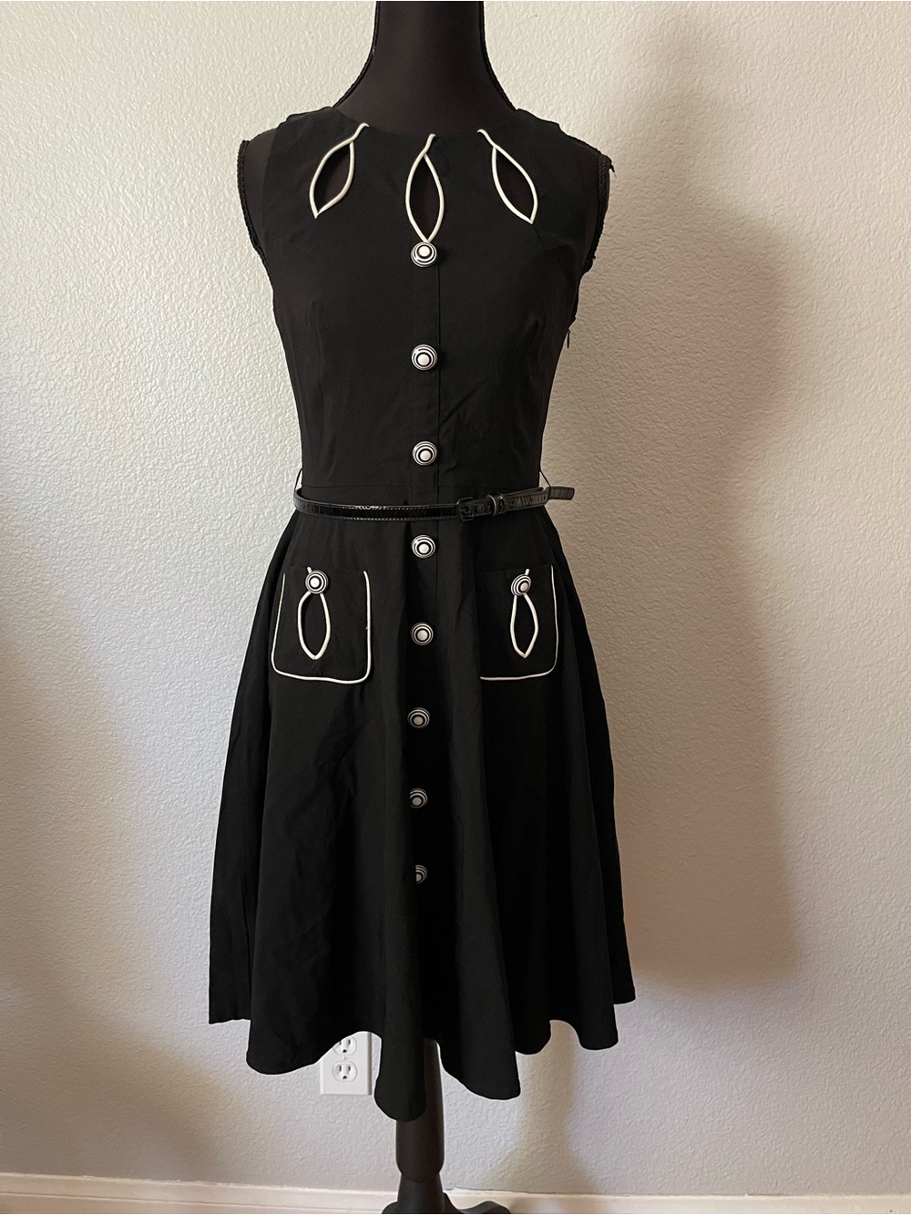 Voodoo Vixen Black Sleeveless A-Line Dress with White Trim